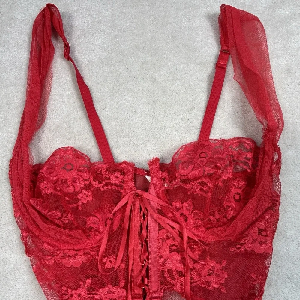 Victoria's Secret Vintage Gold Label Red Lace Sheer Teddy Size 34C Made In USA